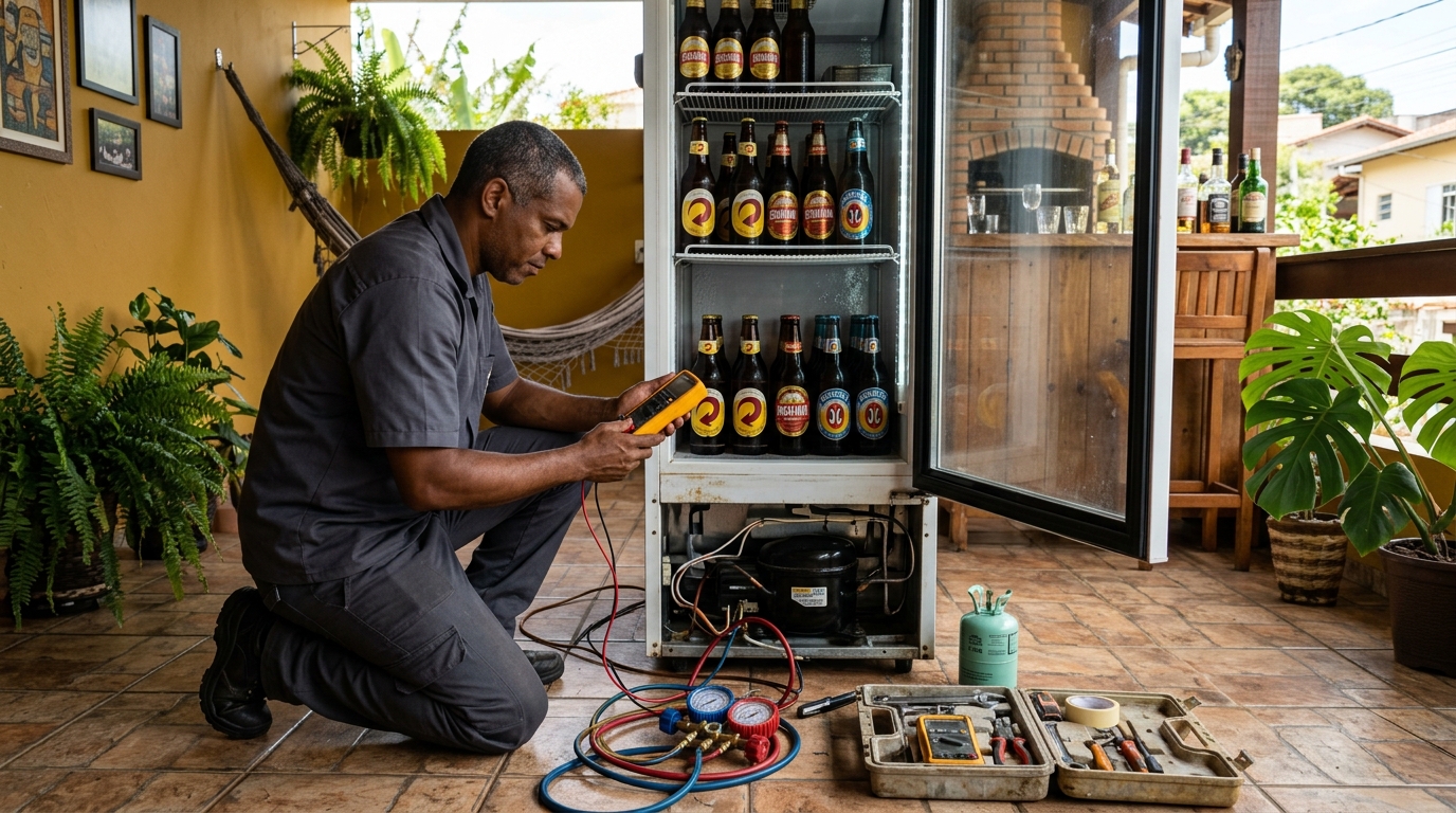 Placa eletrônica de cervejeira em reparo na bancada em Maringá‑PR