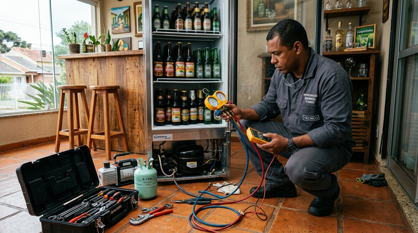 Técnico revisando o motor de uma cervejeira durante chamado em Maringá‑PR