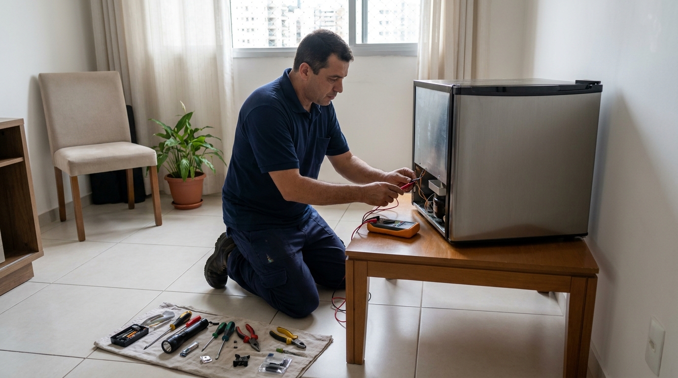 Técnico revisando o motor de um frigobar em Maringá‑PR