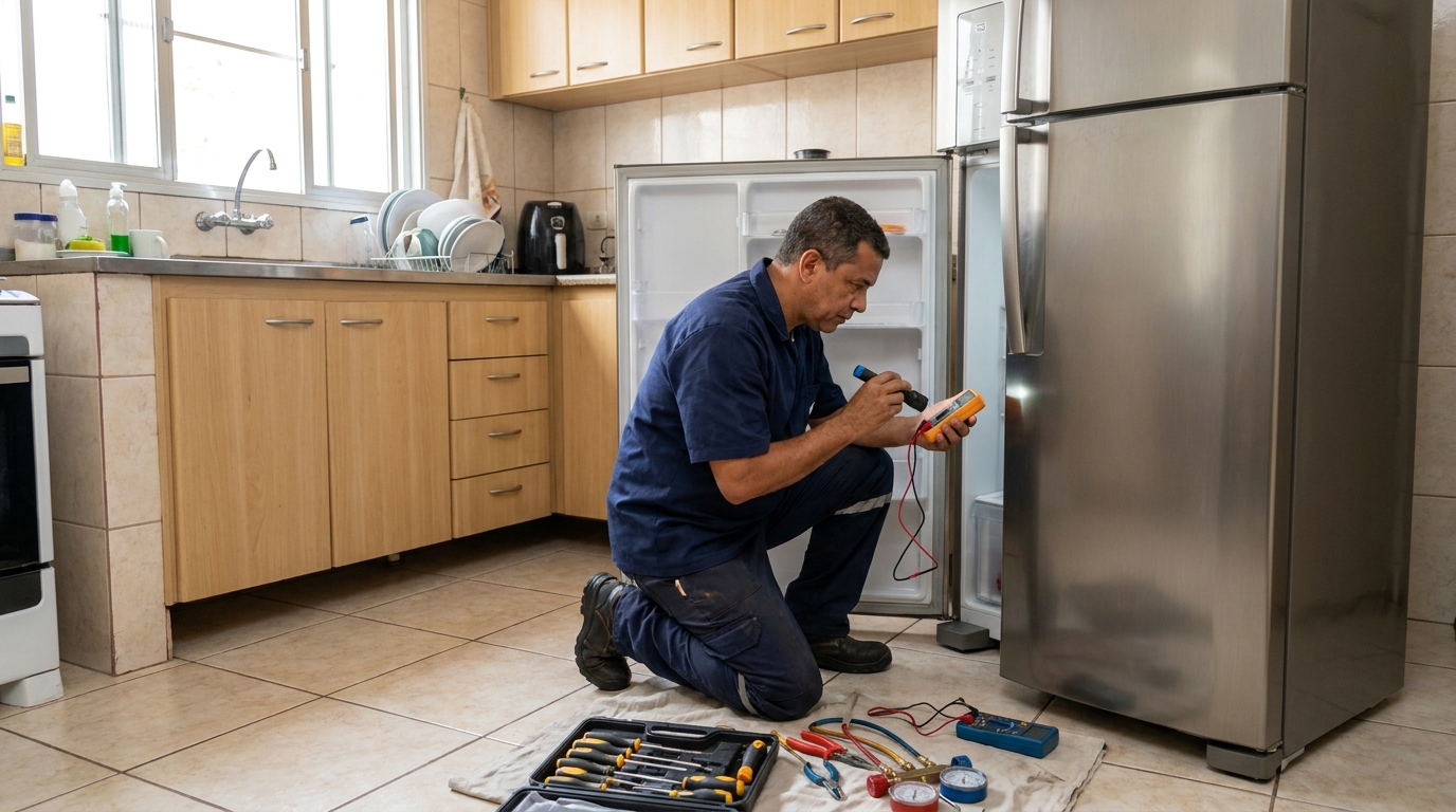 Técnico fazendo recarga de gás em geladeira de cliente em Maringá‑PR