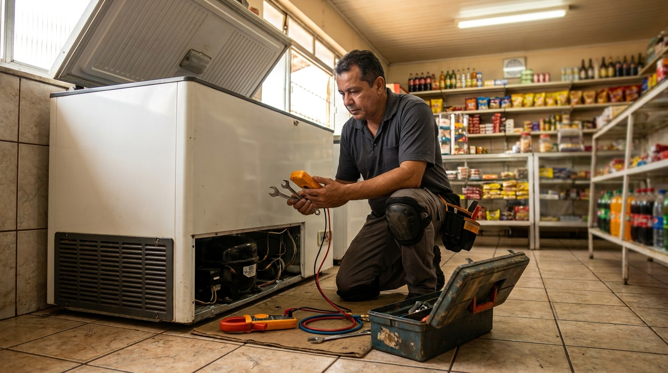 Técnico avaliando um freezer vertical durante atendimento em Maringá‑PR